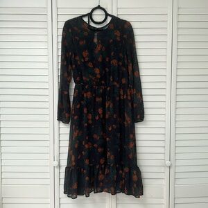 MODCLOTH Women’s L midi dress black orange floral chiffon long sleeve with slip